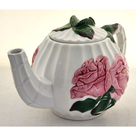 Teapot-Pacific Rim-White-Pink Roses-Green Leaves-Embossed-Holds 4 Cups - Picture 2 of 14
